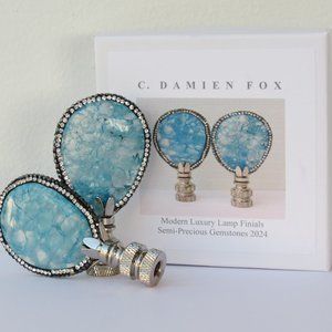 Ocean Blue Quartz Gemstone Lamp Finials with Crystal Trim, a pair